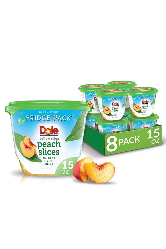 Photo 1 of **BEST BY 02-27-2022**Dole Fridge Pack Peach Slices in 100% Fruit Juice, Rich in Vitamin C, Gluten Free Healthy Snack, 15 Oz, 8 Count
