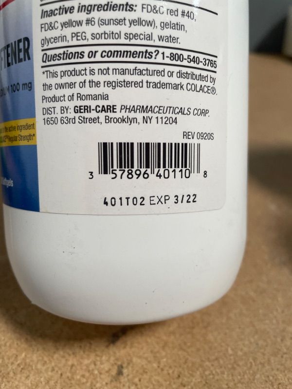 Photo 2 of **BEST BY 03-2022**GeriCare Docusate Sodium Stool Softener, 100mg Softgels (Bottle of 1,000)
