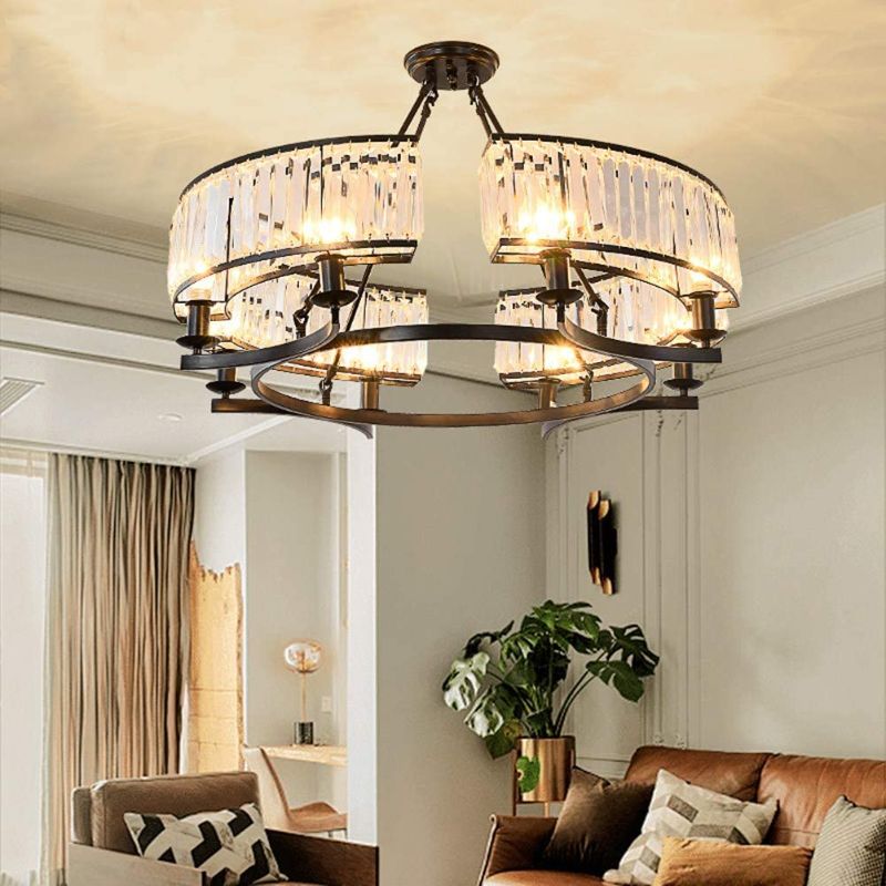 Photo 1 of 6 Lights Modern K9 Crystal Chandelier, Flush Mount Light Round Pendant Lighting Fixture Vintage Ceiling Chandeliers for Dining Room Livingroom, Dia 25.5 inch
