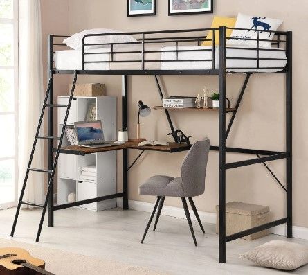 Photo 1 of ***BOX 2 OF 2 ONLY*** 2 People Metal Loft Bed With L-shaped Desk And Shelf High Quality Bunk Bed For Children bedroom Furniture TWIN