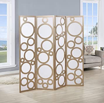 Photo 1 of Roundhill Furniture Arvada 4-Panel Wood Room Divider with Circle Pattern, Gold
