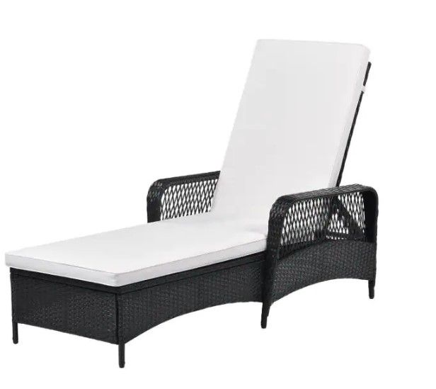 Photo 1 of **same model different color cushion** - Summer Sunbathing Wicker Outdoor Patio Pool Black Chair Sun Lounger Adjustable Backrest with Beige Removable Cushion
