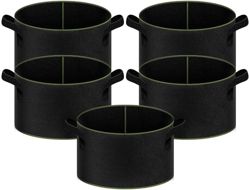 Photo 1 of iPower 20-Gallon 5-Pack Grow Bag Thickened Nonwoven Fabric Pots Heavy Duty Aeration Container with Strap Handles Black with Green Stitch Sewing