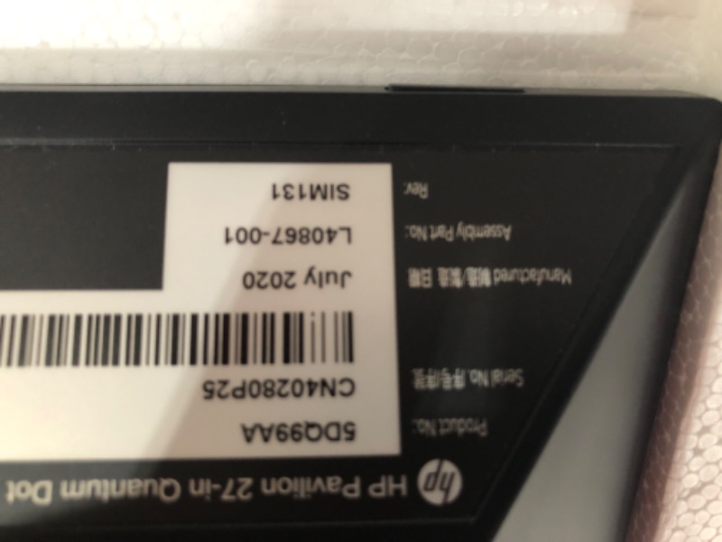 Photo 1 of OPENED
HP Pavilion 27 Quantum Dot Display, VESA Certified HDR, Quantum Dot Resolution, DCI-P3 Technology, Ultra-Thin Design (5DQ99AA)