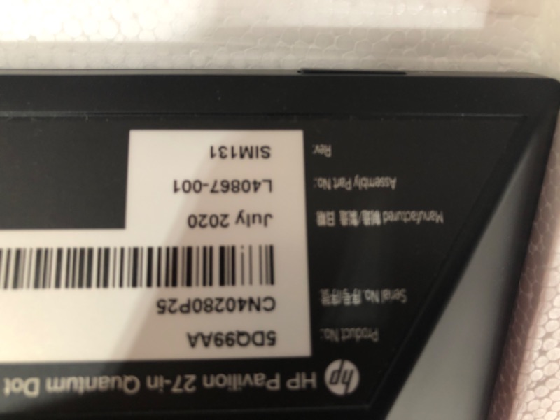 Photo 1 of OPENED
HP Pavilion 27 Quantum Dot Display, VESA Certified HDR, Quantum Dot Resolution, DCI-P3 Technology, Ultra-Thin Design (5DQ99AA)