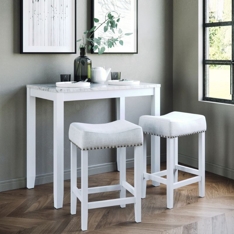 Photo 1 of *MISSING SOME HARDWARE* MINOR DAMAGE FROM SHIPPING* Nathan James Viktor Three-Piece Dining Set Kitchen Pub Table Marble Top White Wood Base Light Gray Fabric Seat
