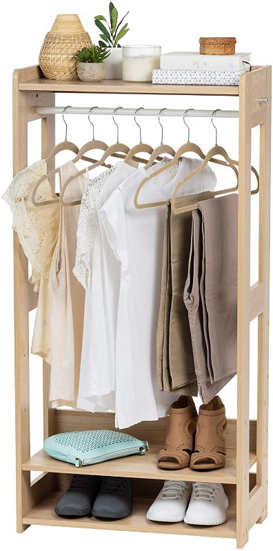 Photo 1 of **MISSING HARDWARE** IRIS USA Small Open Wood Clothing Rack for Small Spaces, Clothes Rack with Shelves, Garment rack with Side Hook, Light Brown
