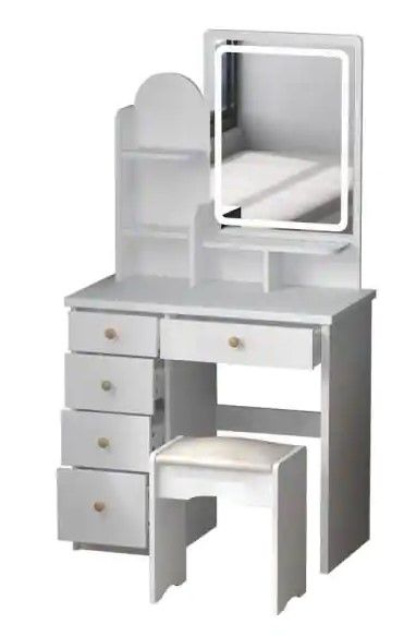 Photo 1 of ***MINOR DAMAGE* ITEM SIMILAR TO STOCK PHOTO** 5-Drawers White Makeup Vanity Sets Dressing Table Sets With Stool, Mirror, LED Light and 3-Tier Storage Shelves
