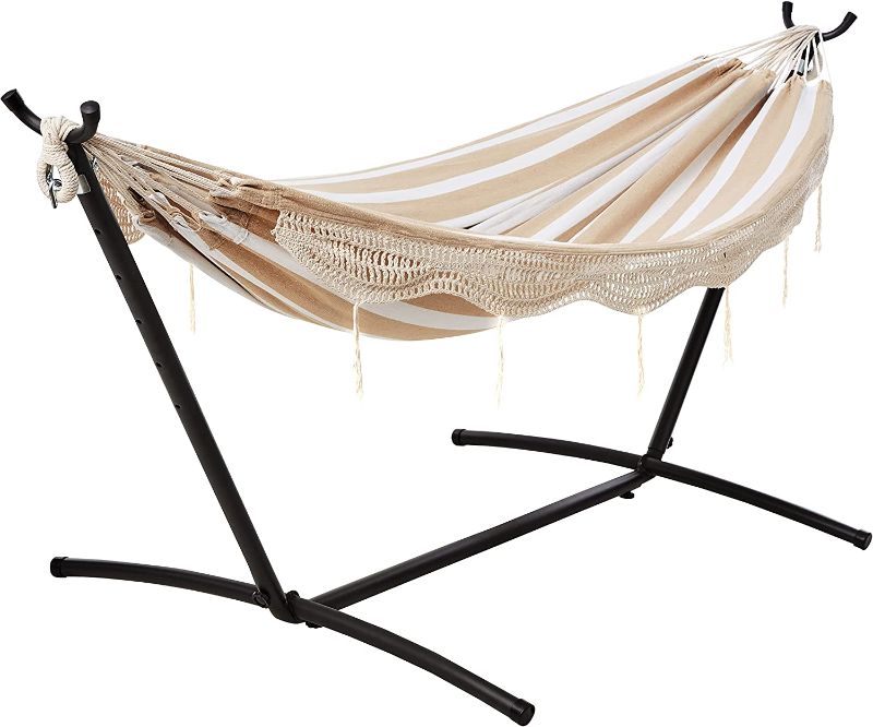 Photo 1 of **MINOR DAMAGE FROM SHIPPINGAmazon Basics Double Hammock with 9-Foot Space Saving Steel Stand and Carrying Case, Beige Stripe with Lace, 450 lb Capacity
