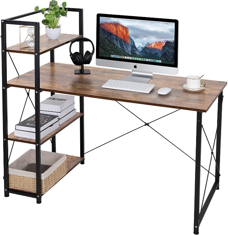 Photo 1 of AuAg Computer Desk with 4 Tier Storage Shelves, 47” Home Office Desk with Reversible Bookshelf, Writing Study Table Workstation with Tower Shelf for Small Space(Rustic Brown)
