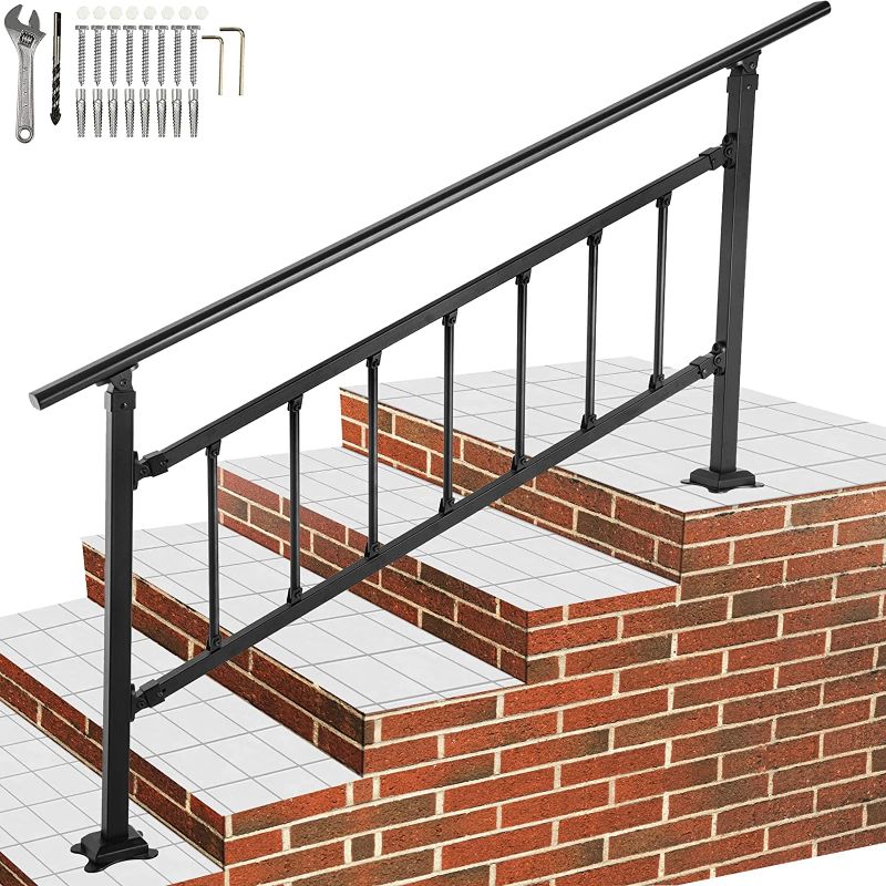 Photo 1 of ***PARTS ONLY***
VEVOR Outdoor Stair Railing, Fits for 1-4 Steps Transitional Wrought Iron Handrail, Adjustable Exterior Stair Railing, Handrails for Concrete Steps with Installation Kit, Matte Black Outdoor Handrail
