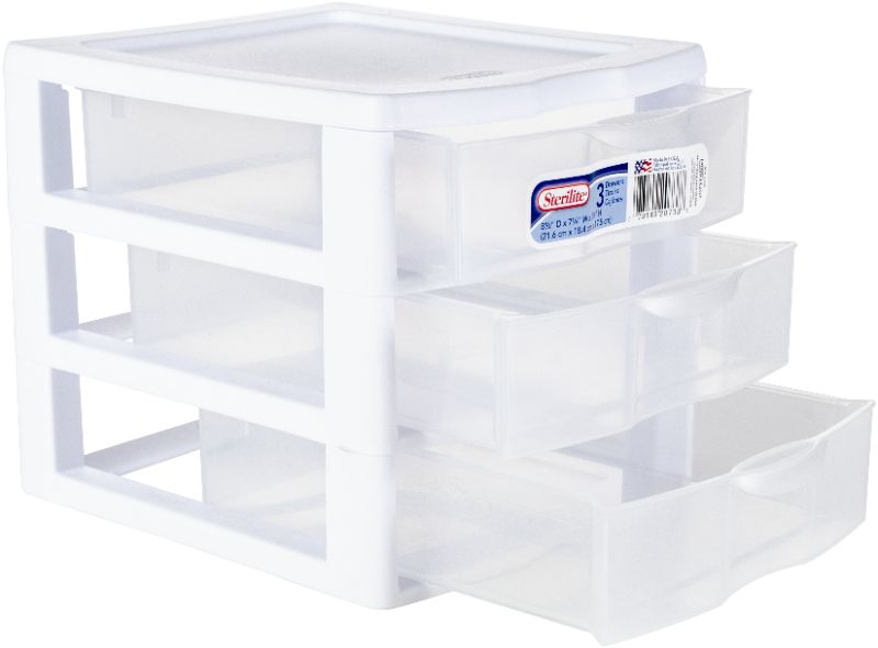 Photo 1 of Sterilite Small 3-Drawer Desktop Organizer, White/Clear Drawers, pack of 3
