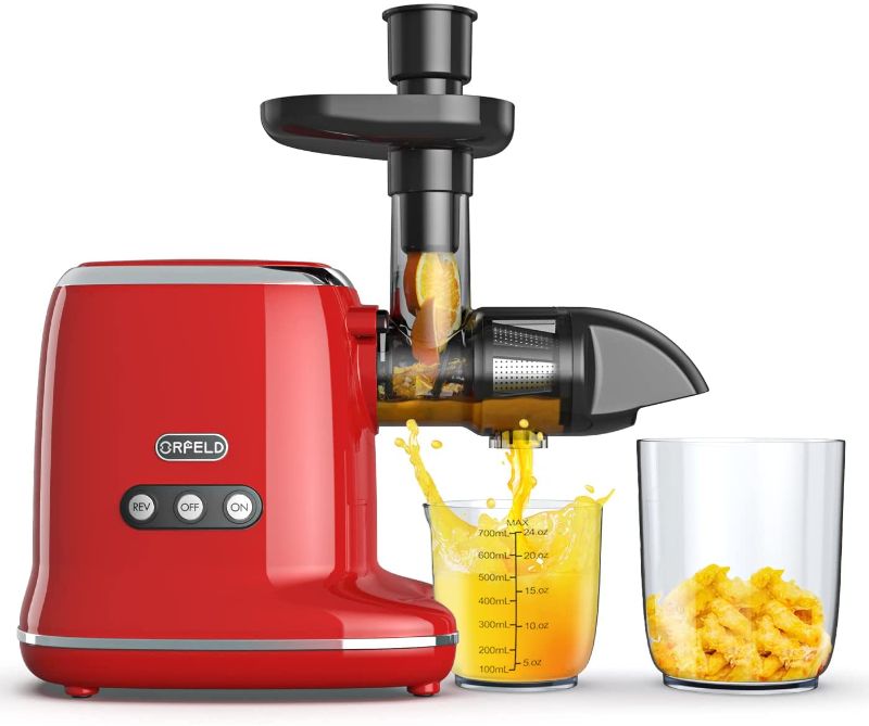 Photo 1 of Slow Juicer, ORFELD Cold Press Juicer Easy to Clean With Brush, Juicer Extractor with Quiet Motor & Reverse Function for High Nutrient Fruits & Vegetables(Red)