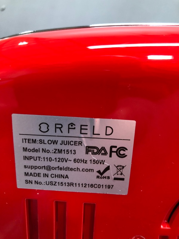 Photo 1 of Slow Juicer, ORFELD Cold Press Juicer Easy to Clean With Brush, Juicer Extractor with Quiet Motor & Reverse Function for High Nutrient Fruits & Vegetables(Red)
