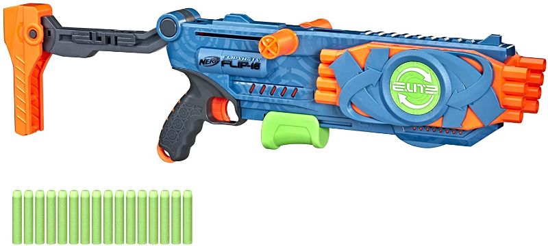 Photo 1 of NERF Elite 2.0 Flipshots Flip-16 Blaster with 16 Dart Barrels That Flip to Double Your Firepower, 16-Dart Capacity, 16 Elite Darts
