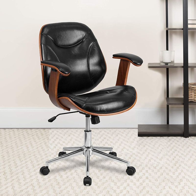 Photo 1 of Flash Furniture Mid-Back Black LeatherSoft Executive Ergonomic Wood Swivel Office Chair with Arms
