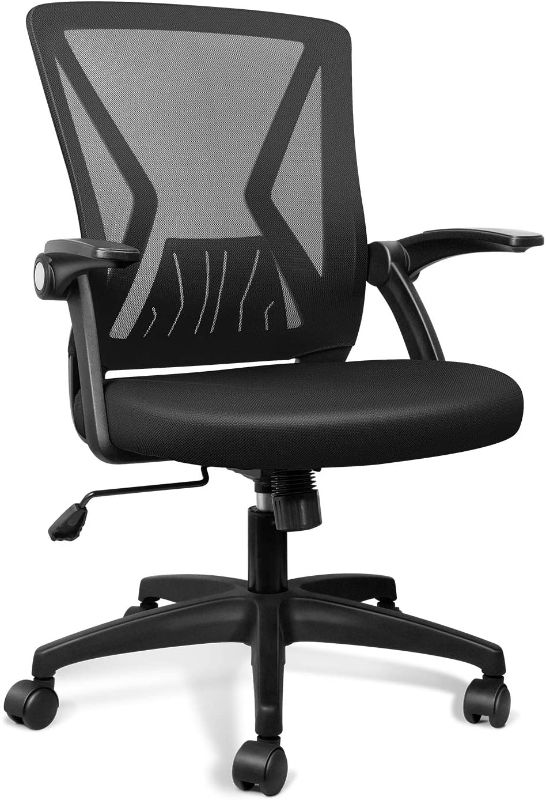 Photo 1 of MISSING 1 LEG AND TWO WHEELS, Mesh Office Chair Ergonomic Mid Back Swivel Black Mesh Desk Chair Flip Up Arms with Lumbar Support Computer Chair Adjustable Height Task Chairs

