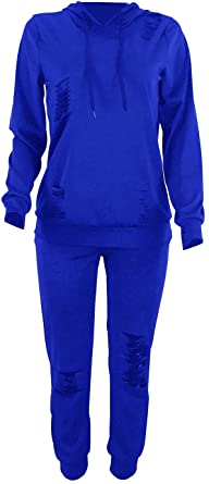 Photo 1 of 3XL, Women Casual Ripped Hole Pullover Hoodie Sweatpants 2 Piece Sport Jumpsuits Outfits Set
