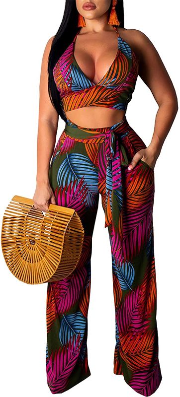 Photo 1 of 2 Piece Pants Sets for Women Sexy Halter Triangle Bikini Tops Wide Leg Palazzo Pants Outfits- SMALL