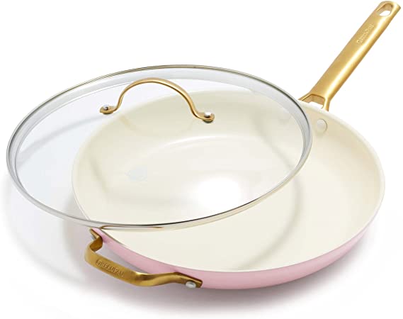 Photo 1 of **HAS DENT**
GreenPan Reserve Hard Anodized Healthy Ceramic Nonstick 12" Frying Pan Skillet with Helper Handle and Lid, Gold Handle, PFAS-Free, Dishwasher Safe, Oven Safe, Blush Pink
