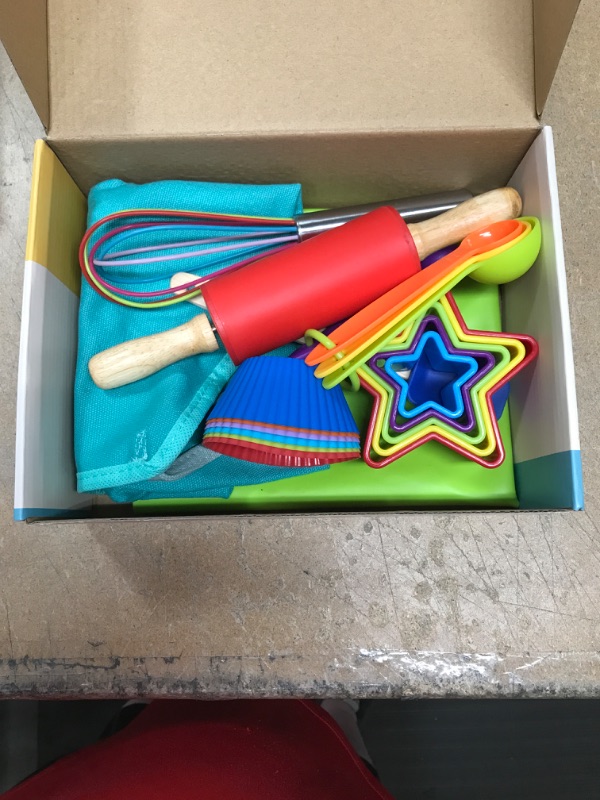 Photo 1 of Complete Kids Cooking and Baking Set - 22 Pcs real kids baking set. Includes apron, rolling pin, cookie cutters, mixing whisk, silicone cupcake mold, and mat. Ages 3+
