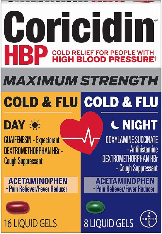 Photo 1 of ***NON-REFUNDABLE**
EXP 6/22
2 BOXES
Coricidin Hbp, Decongestant-free Maximum Strength Cold & Flu Day+night Liquid Gels, 24 Count
