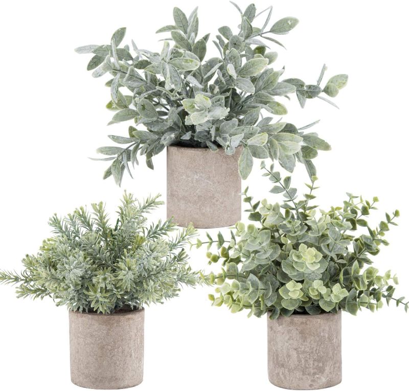 Photo 1 of  3 Pack Mini Potted Fake Plants Artificial Plastic Eucalyptus Plants for Home Office Desk Room Decoration
