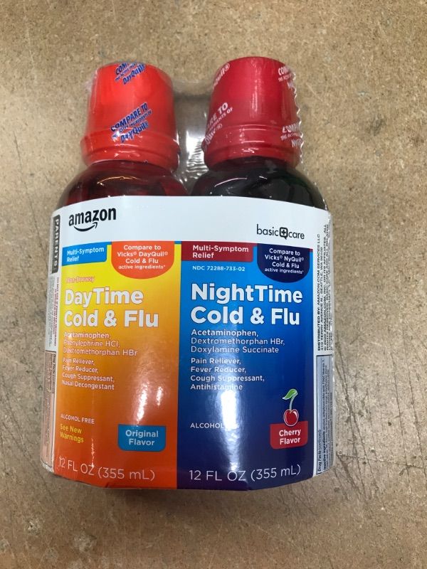 Photo 2 of **NON-REFUNDABLE**
EXP 7/22
Amazon Basic Care Daytime & Nighttime Cold & Flu Relief; Cold Medicine Combination Pack, 24 Fluid Ounces
