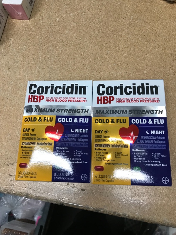 Photo 2 of *** EXP:06/2022**    ** SETS OF 2**     *** NON-REFUNDABLE**     ** SOLD AS IS **
Coricidin Hbp, Decongestant-free Maximum Strength Cold & Flu Day+night Liquid Gels, 24 Count
