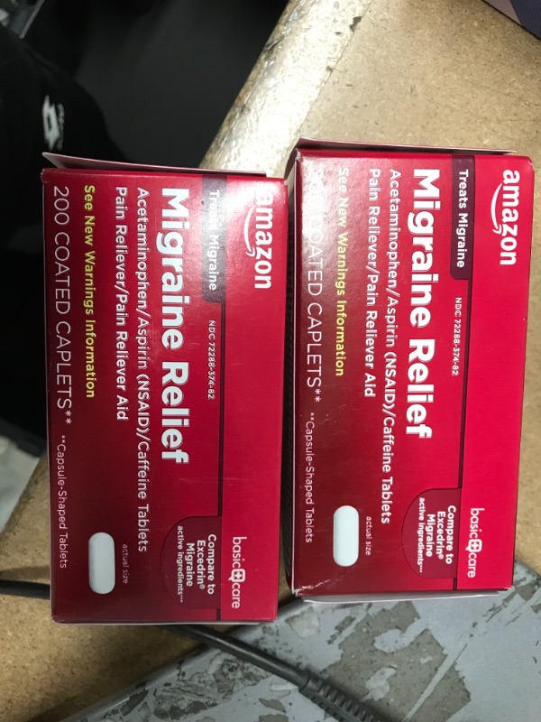 Photo 2 of *** EXP:11/2022***  *** NON-REFUNDABLE**  *** SOLD AS IS **  
      **** SETS OF 2**
Amazon Basic Care Migraine Relief, Acetaminophen, Aspirin (NSAID) and Caffeine Tablets, 200 Count
