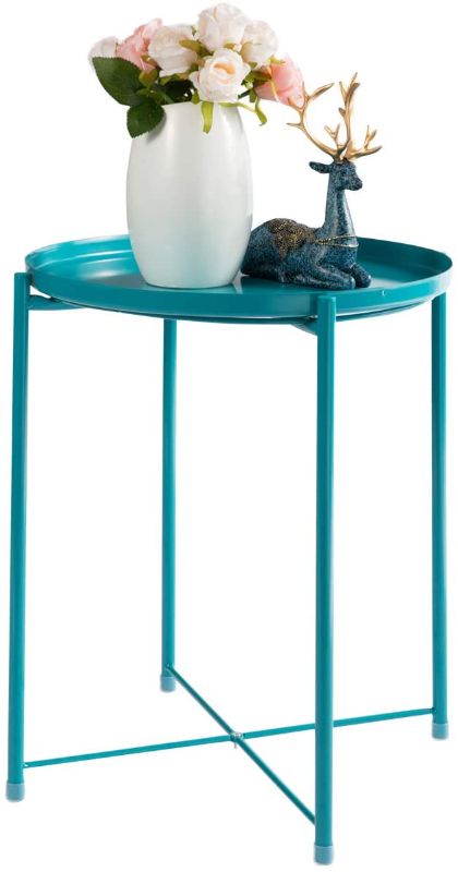 Photo 1 of HollyHOME Tray Metal End Table, Sofa Table Small Round Side Tables, Anti-Rust and Waterproof Outdoor & Indoor Snack Table, Accent Coffee Table,?H? 20.28" x?D? 16.38", Peacock Blue