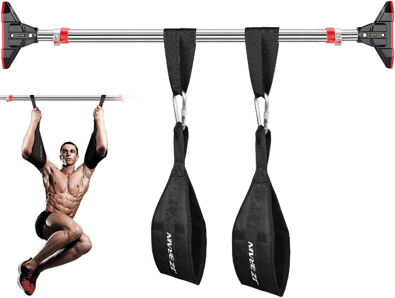 Photo 1 of Pull Up Bar with Ab Straps, Doorway Pullup Bar with Ab Slings No Screw Installation Strength Training Pull-Up Bars, Adjustable Width for Home Gym Exercise Fitness 440 LBS