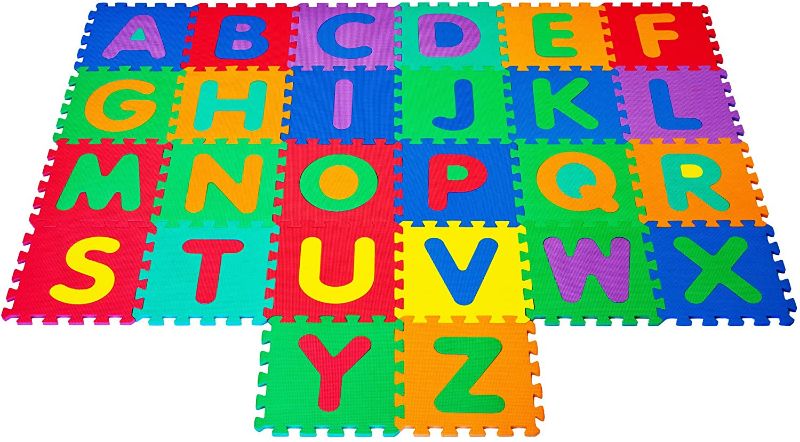 Photo 1 of Interlocking Foam Tile Play Mat with Letters - Nontoxic Children's Multicolor Puzzle Tiles for Playrooms, Nurseries, Classrooms and More by Hey! Play!, 26