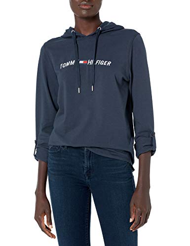 Photo 1 of Tommy Hilfiger Womens Premium Performance Hooded Long Sleeve Tee T Shirt, Solid Navy, X-Large US
