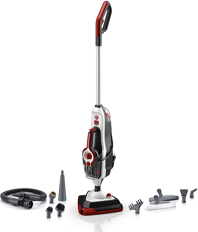 Photo 1 of **PARTS ONLY , DOESNT TURN ON!!! MISSING HOSE AND SOME ATTACHMENTS** Hoover Complete Pet Steam Mop with Removable Handheld Steamer, Cleaner for Tile and Hardwood Floors, WH21000, White 11 IN x 8.75 IN x 25 IN
