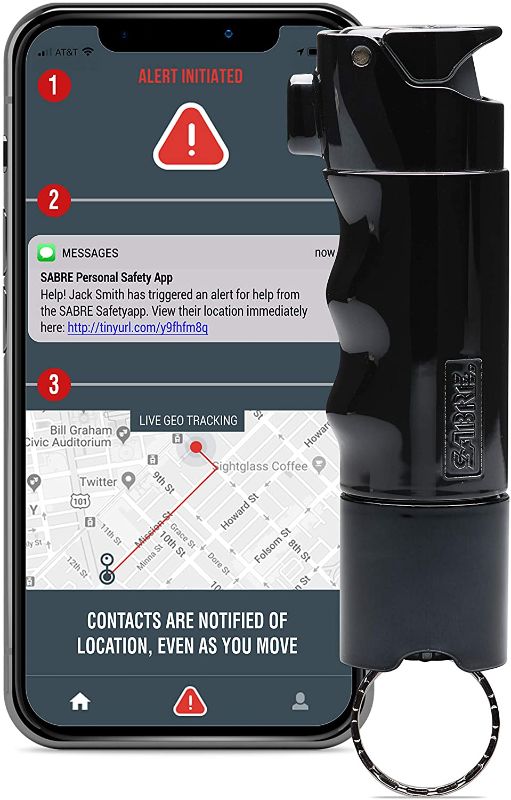 Photo 1 of  SABRE SMART Pepper Spray, Free Text Alerts and Continuous Location Tracking in Emergencies, Optional Professional Monitoring, 25 Bursts, Practice Spray, Refillable, Rechargeable, Finger Grip, Key Ring

