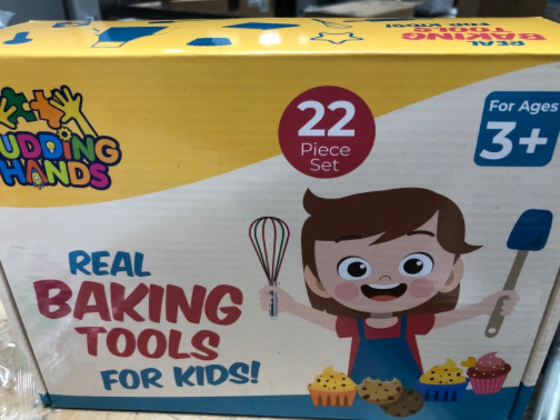 Photo 2 of Complete Kids Cooking and Baking Set - 22 Pcs real kids baking set. Includes apron, rolling pin, cookie cutters, mixing whisk, silicone cupcake mold, and mat. Ages 3+
