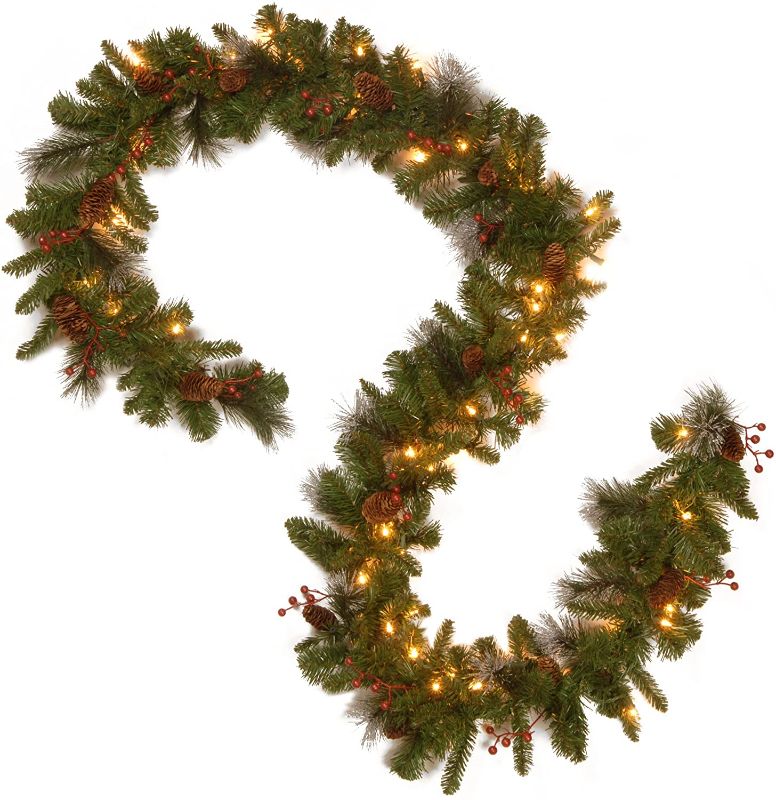 Photo 1 of (similar to stock photo)  Pre-Lit Artificial Christmas Garland, Green, White Lights, Decorated with Pine Cones, 
outdoor solar snowman included