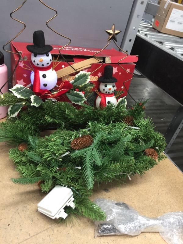 Photo 2 of (similar to stock photo)  Pre-Lit Artificial Christmas Garland, Green, White Lights, Decorated with Pine Cones, 
outdoor solar snowman included