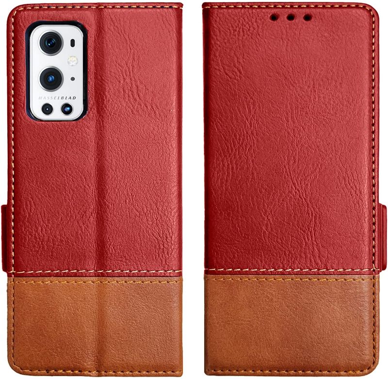 Photo 1 of (2 CASES)  Oneplus 9 Pro Leather Case, Classic Genuine Leather Oneplus 9 Pro Wallet Case [RFID Blocking], Flip Magnetic Case, Only Compatible with Oneplus 9 Pro(Red)
