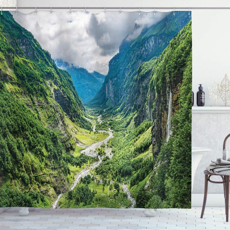 Photo 1 of *similar to stock photo*
Ambesonne Landscape Shower Curtain, Valley Mountain Tree Mist Waterfall Canyon Alpine Landscape Nature Theme, Cloth Fabric Bathroom Decor Set with Hooks, 69" W x 70" L, White Green
