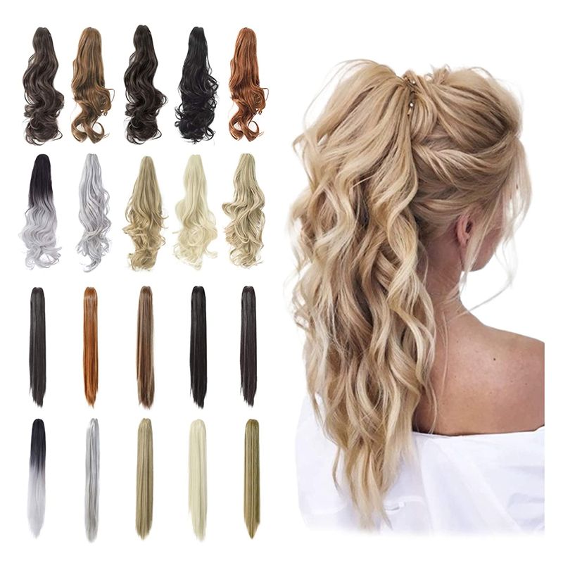 Photo 1 of **set of 2**
Qunlinta Ponytail Extension Hair Extensions Ponytail 18" Claw Curly Wavy Ponytail Extension Straight Clip in Ponytail Extension Synthetic Hairpiece Dark Brown Mix Light Auburn
