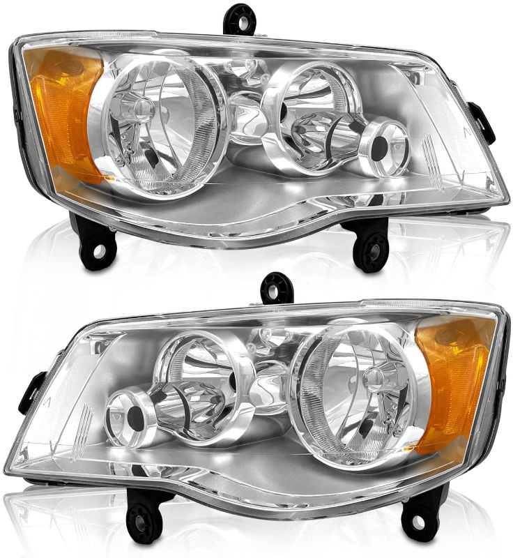 Photo 1 of AS Headlight Assembly Compatible with 2011-2018 Dodge Grand Caravan , 2008-2016 Chrysler Town & Country Chrome Housing Amber Reflector Driver and Passenger Side
