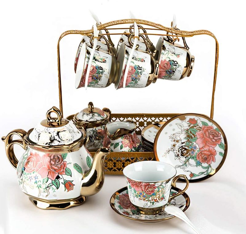 Photo 1 of  Porcelain Ceramic Coffee Tea Sets Gift,Coffee Set, 22-Piece?Cups Saucer Service for 6 ,Teapot, Sugar Bowl, Creamer Pitcher and 6 Teaspoons 1100ML/POT,220ML/CUP