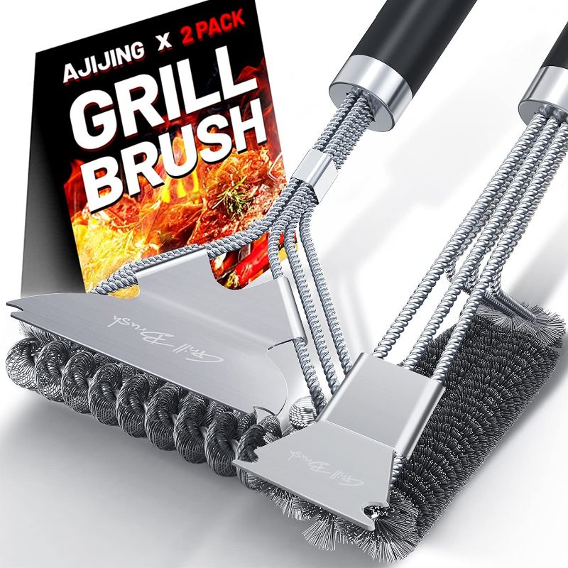 Photo 1 of AJIJING Grill Brush and Scraper,2 Pack BBQ Grill Cleaning Brush 18" Stainless Steel Wire Bristle BBQ Grill Cleaner Brush Scraper Accessories for Gas Grill Weber Charcoal Porcelain Ceramic Iron Grill
