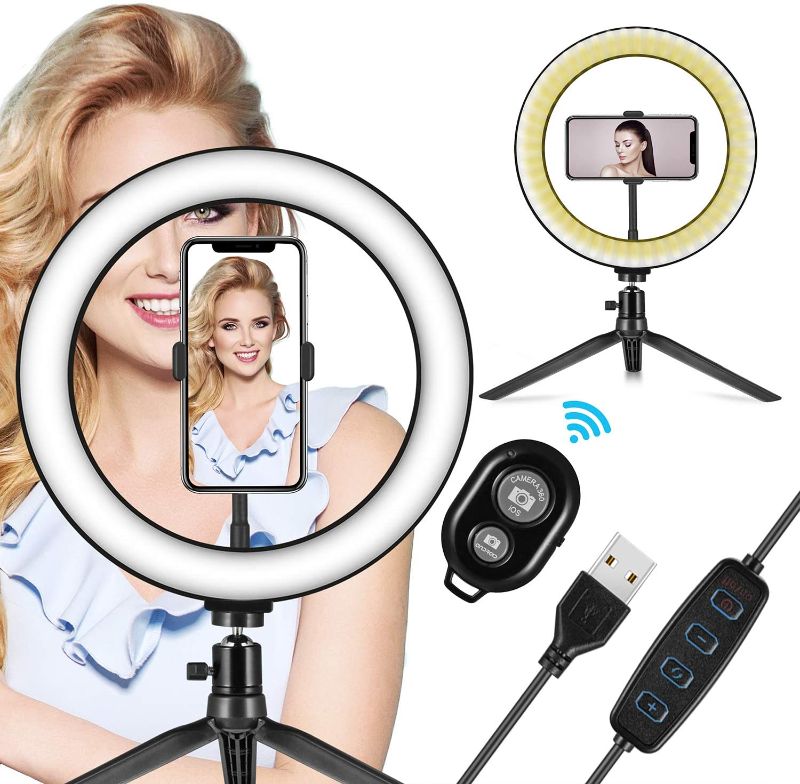 Photo 1 of LED Ring Light 10" with Tripod Stand & Phone Holder - Dimmable Desk Makeup Ring Light for YouTube Video Live Stream Makeup Photography, USB Powered with 3 Light Modes & 10 Brightnes
