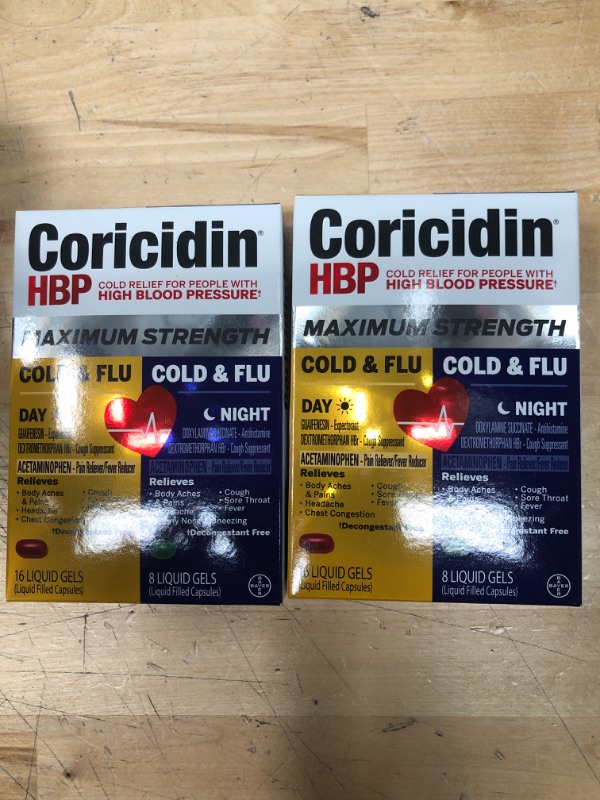 Photo 2 of **BEST BY: 6/2022** Coricidin Hbp, Decongestant-free Maximum Strength Cold & Flu Day+night Liquid Gels, 24 Count
 2 BOXES 