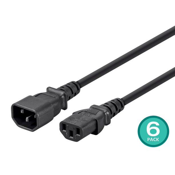 Photo 1 of Monoprice Extension Cord - 3 Feet - Black (6 Pack) IEC 60320 C14 to IEC 60320 C13, 16AWG, 13A, SJT, For Powering Computers, Monitors