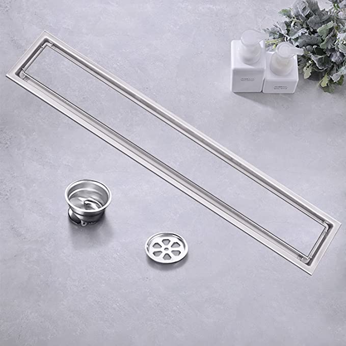 Photo 1 of awagas 24-Inch Linear Shower Drain with 2-in-1 Flat & Tile Insert Cover, Brushed 304 Stainless Steel Rectangle Shower Floor Drain with Floor Drain core Filter Screen
