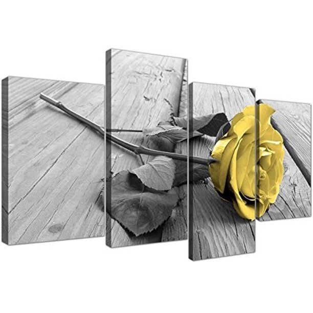 Photo 1 of Yellow Gray Rose Flower Black White Floral Canvas White Valentine's Day Decor 51 Inches Wide, 4 Panel canvas Prints Artwork 